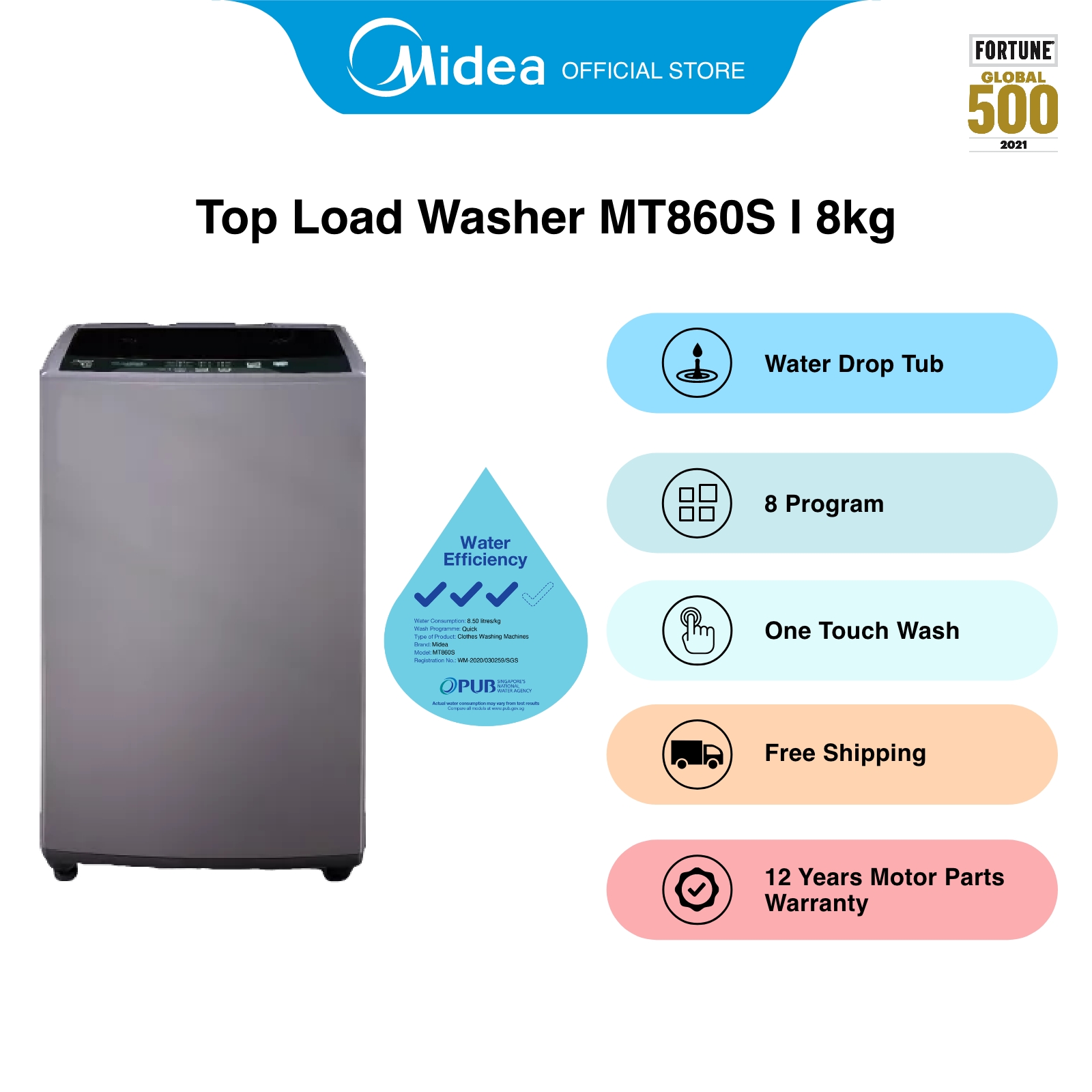 [Bulky] Midea MT860S Grey One Touch Wash Top Load Washing Machine, 8kg, Water Efficiency 3 Ticks