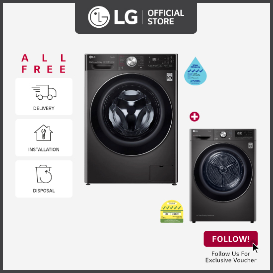 [Bulky] LG FV1413S2BA 13kg, AI Direct Drive Front Load Washing Machine + LG TD-H90VBD 9KG Dual Inverter Heat Pump dryer (Black)