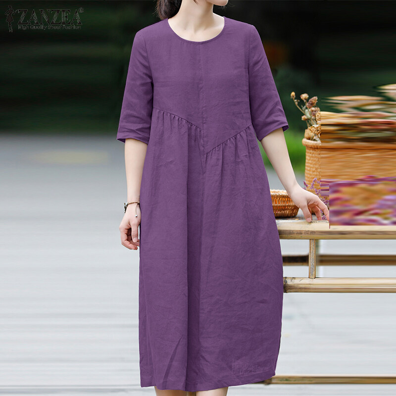 ZANZEA Women Leisure Cotton Pleated Short Sleeve Midi Dresses Bohemian Round Neck Sundress #8