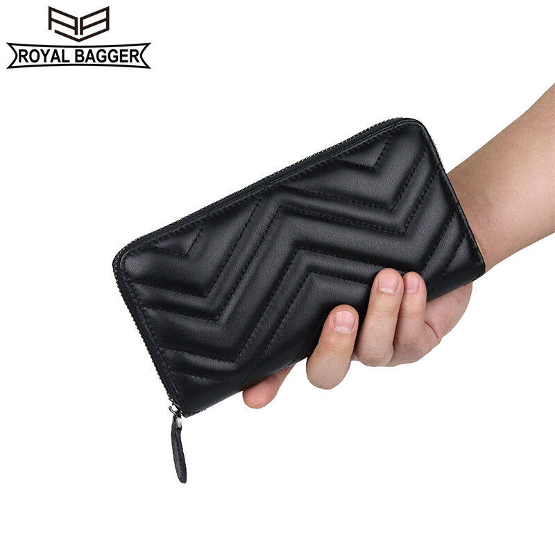 Royal Bagger Sheepskin Long Purse for Women Fashion Clutch Bag Genuine Leather Female Wallet Phone Purses Zipper Card Holder