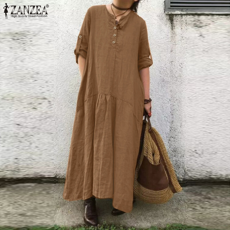 ZANZEA Women Simple Leisure Full Sleeved Loose Casual Maxi Dress Baggy Dresses #15